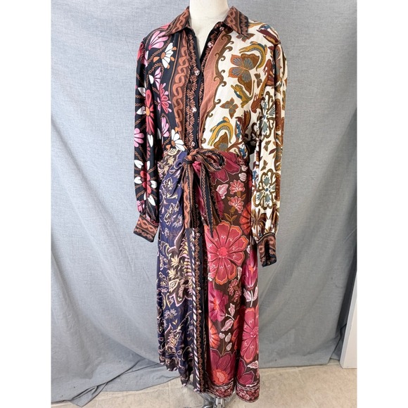 FARM Rio Dresses & Skirts - FARM Rio Mixed Floral Patchwork Print Tie Waist Long Sleeve Maxi Dress M
